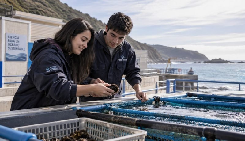 Dos personas observan un organismo marino junto a estanques en una instalación costera.