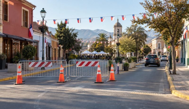 Barreras y conos por un cierre temporal de calle en una ciudad chilena