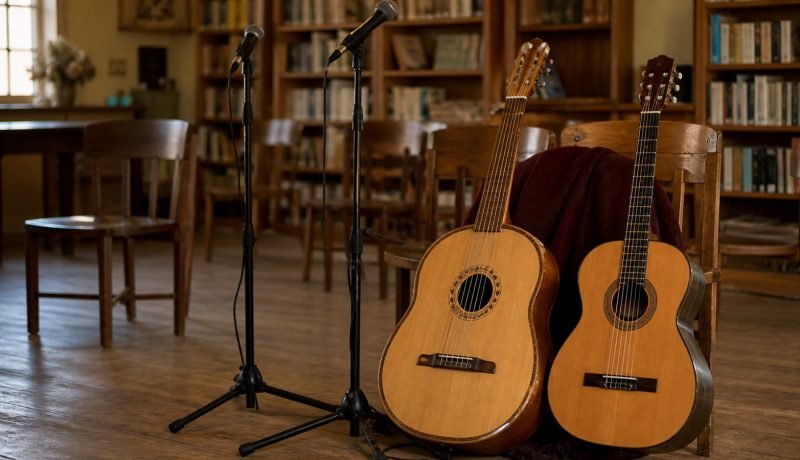 Guitarrón, guitarra y micrófonos en una biblioteca antes de una actividad cultural