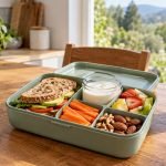 Colación preparada con fruta, yogur natural, pan integral, verduras, frutos secos y agua