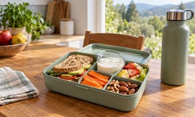 Colación preparada con fruta, yogur natural, pan integral, verduras, frutos secos y agua