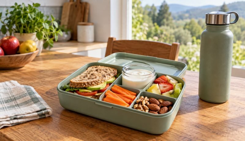 Colación preparada con fruta, yogur natural, pan integral, verduras, frutos secos y agua