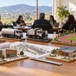 Maquetas de buses, camiones, edificios, una pista atlética y una planta de compostaje sobre una mesa