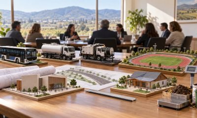 Maquetas de buses, camiones, edificios, una pista atlética y una planta de compostaje sobre una mesa