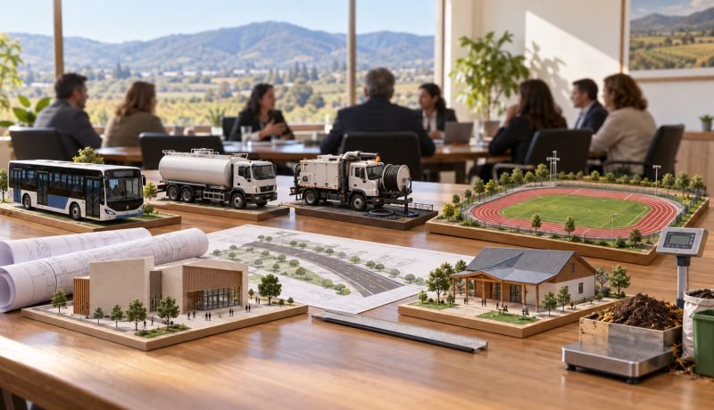 Maquetas de buses, camiones, edificios, una pista atlética y una planta de compostaje sobre una mesa