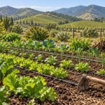 Ilustración de un huerto con riego por goteo y cultivos en un valle agrícola
