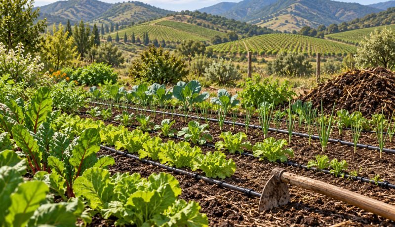 Ilustración de un huerto con riego por goteo y cultivos en un valle agrícola