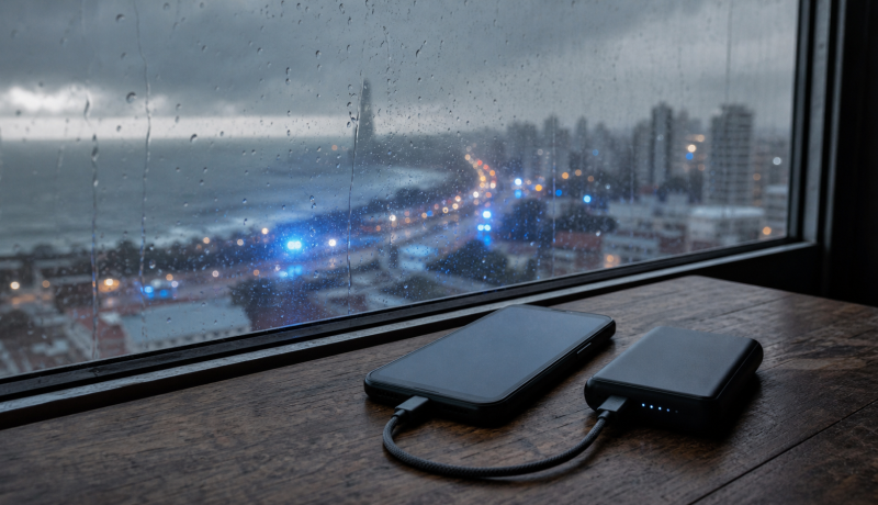 Teléfono conectado a una batería externa durante un temporal en la costa de Valparaíso