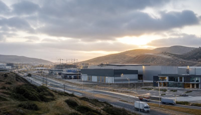 Parque industrial y logístico entre cerros bajo cielo nublado al amanecer