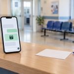 Teléfono con mensajes de confirmación en una sala de espera de salud