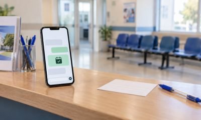 Teléfono con mensajes de confirmación en una sala de espera de salud