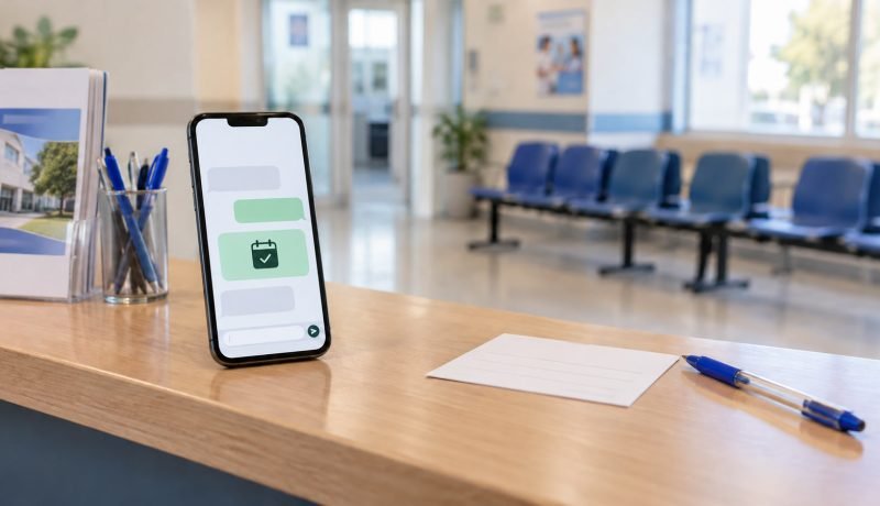 Teléfono con mensajes de confirmación en una sala de espera de salud