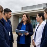 Funcionarios de salud municipal conversan frente a un centro de atención primaria en una imagen referencial