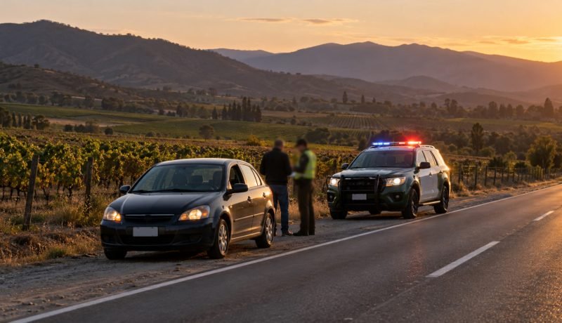 Automóvil detenido durante un control vehicular en un camino rural de Casablanca