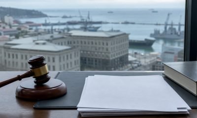 Mazo judicial sobre documentos con el puerto de Valparaíso desenfocado al fondo