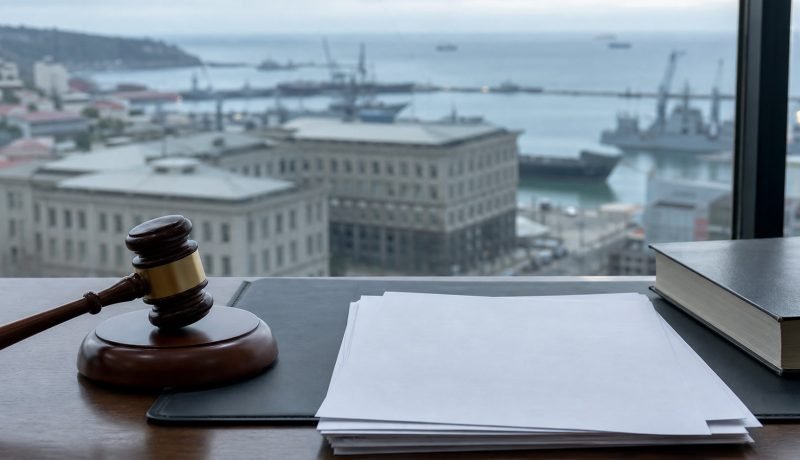 Mazo judicial sobre documentos con el puerto de Valparaíso desenfocado al fondo