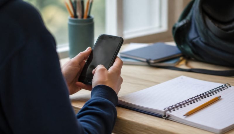 Estudiante usa un teléfono junto a cuadernos escolares