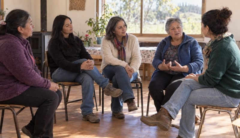 Mujeres conversan en círculo durante un encuentro comunitario