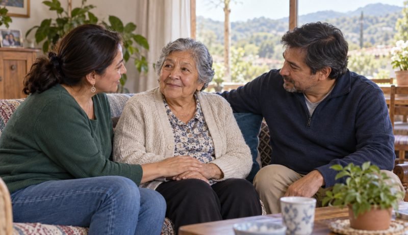 Persona mayor conversa acompañada por dos familiares en una sala de estar