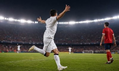 Futbolista de camiseta blanca celebra un gol en un estadio iluminado de noche