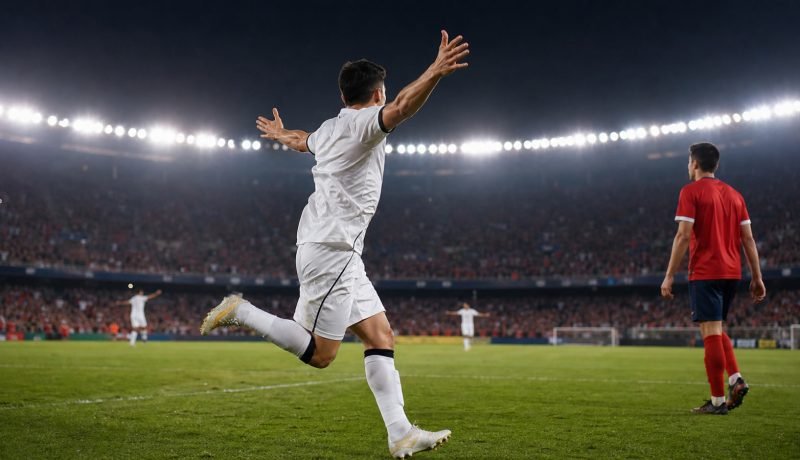 Futbolista de camiseta blanca celebra un gol en un estadio iluminado de noche