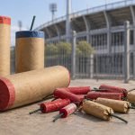 Ilustración de artículos pirotécnicos sin encender junto a un recinto deportivo