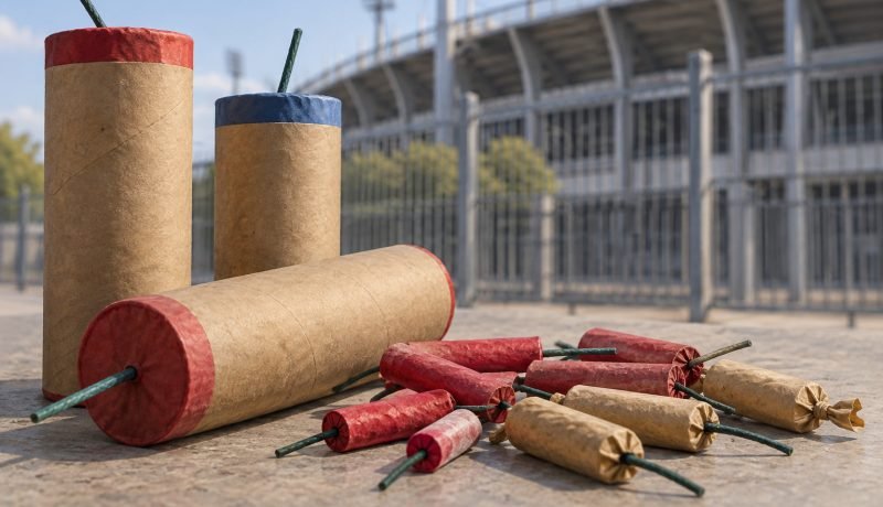 Ilustración de artículos pirotécnicos sin encender junto a un recinto deportivo