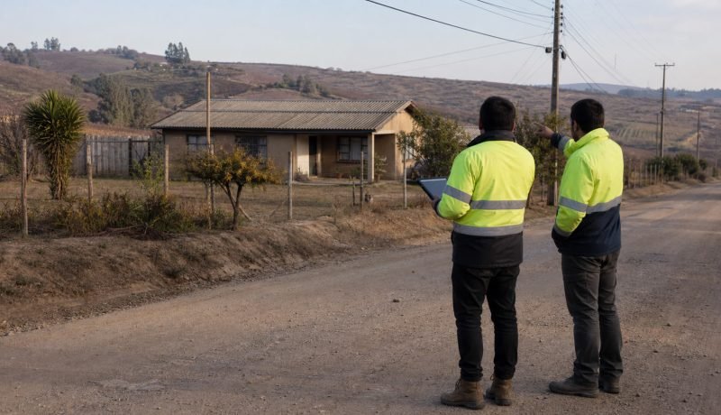 Dos técnicos revisan un diagnóstico frente a una vivienda rural de la Región de Valparaíso