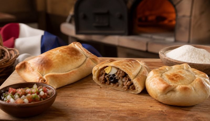 Empanadas chilenas de pino y pequén recién horneadas en una mesa de cocina