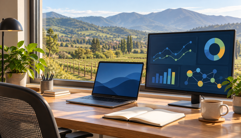 Escritorio con pantallas de análisis de datos y paisaje de valle