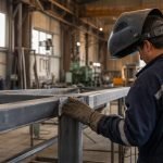 Trabajador metalúrgico inspecciona una estructura de acero en un taller