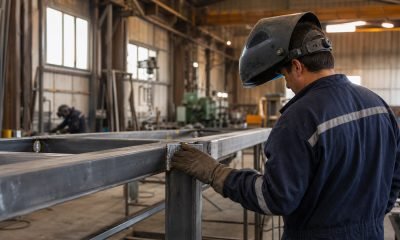 Trabajador metalúrgico inspecciona una estructura de acero en un taller