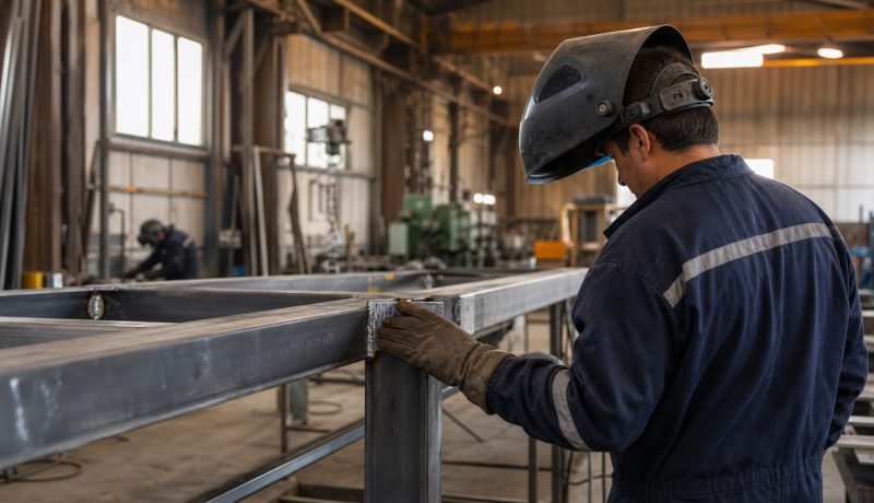Trabajador metalúrgico inspecciona una estructura de acero en un taller