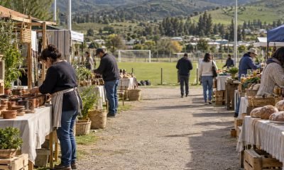 Representación editorial de emprendedores preparando puestos de artesanía y alimentos en una feria rural