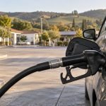 Surtidor de combustible conectado a un automóvil en una estación de servicio de un valle chileno