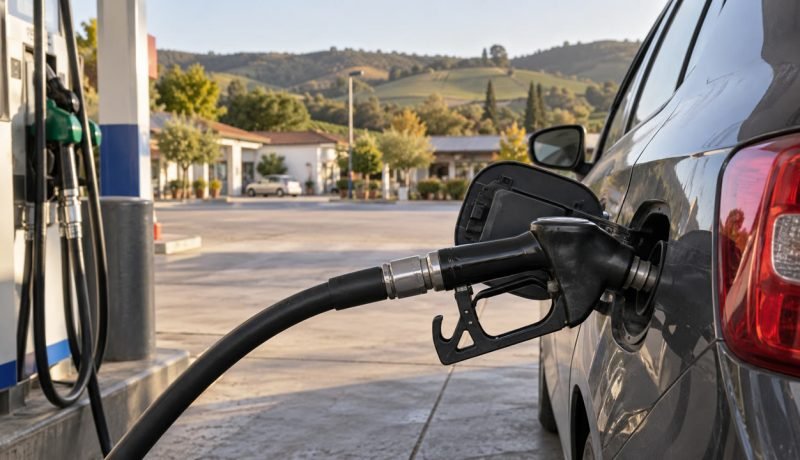 Surtidor de combustible conectado a un automóvil en una estación de servicio de un valle chileno
