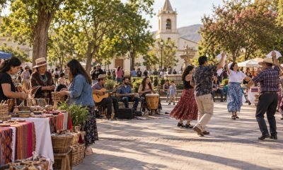 Representación editorial de una jornada intercultural con música, danza y artesanía en una plaza