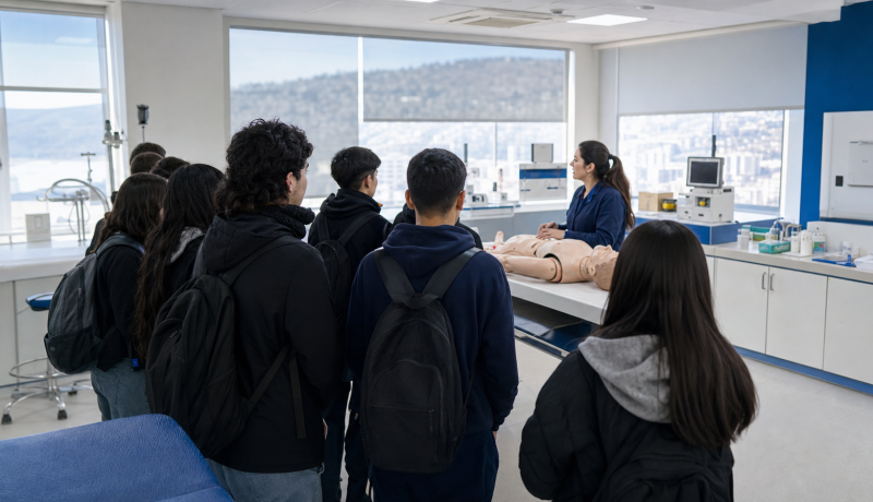 Estudiantes de enseñanza media recorren un laboratorio universitario de simulación clínica