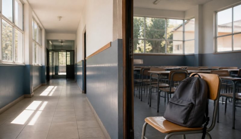 Pasillo y sala de clases con una mochila escolar