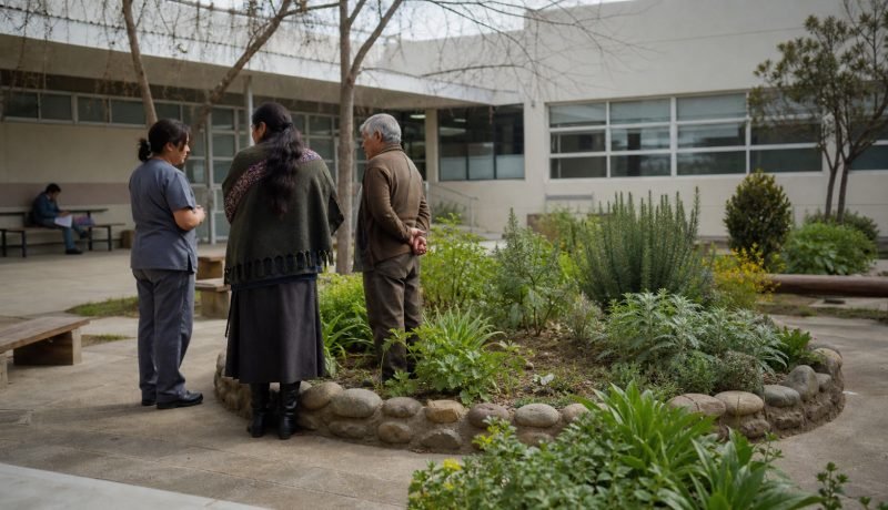 Trabajadora de salud y representantes comunitarios conversan junto a un jardín de plantas medicinales