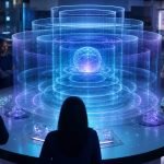 Equipo observa un núcleo abstracto de inteligencia artificial protegido por capas de seguridad