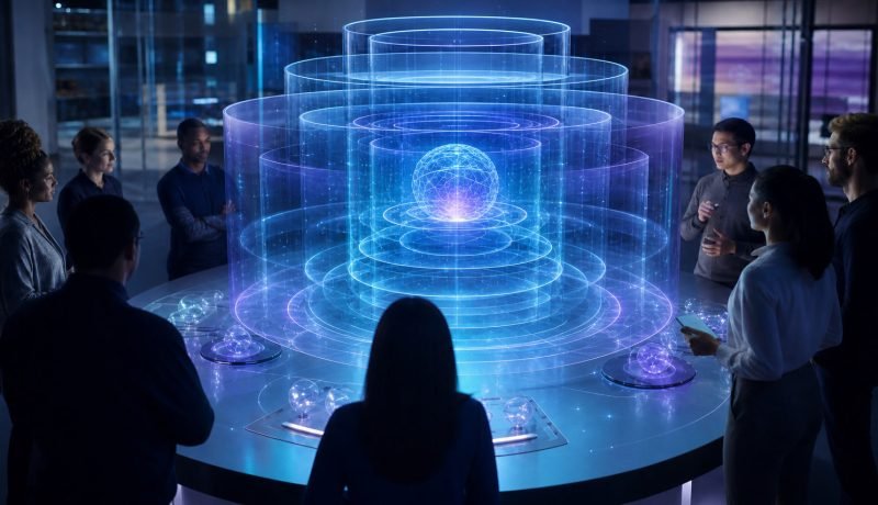 Equipo observa un núcleo abstracto de inteligencia artificial protegido por capas de seguridad