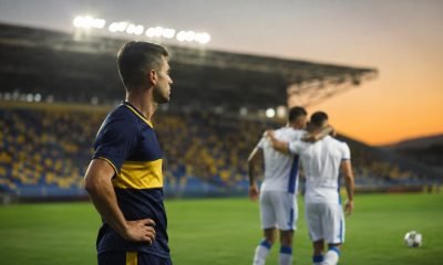 Futbolista con uniforme azul y amarillo tras un partido en un estadio