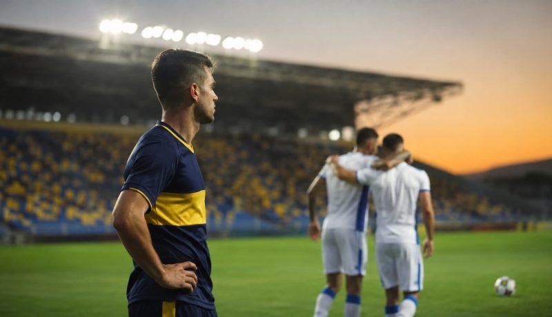 Futbolista con uniforme azul y amarillo tras un partido en un estadio