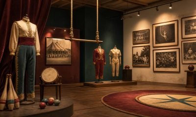 Vestuario, fotografías y objetos circenses en una sala de exposición ilustrada