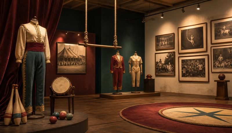 Vestuario, fotografías y objetos circenses en una sala de exposición ilustrada