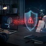 Trabajador frente a una descarga sospechosa protegida por un escudo digital en una oficina