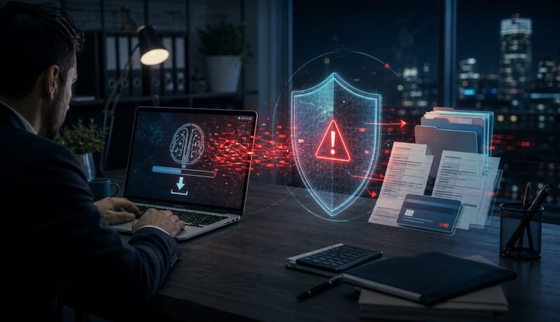 Trabajador frente a una descarga sospechosa protegida por un escudo digital en una oficina