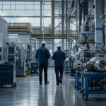 Profesionales inspeccionan maquinaria y sistemas automatizados en una planta industrial moderna