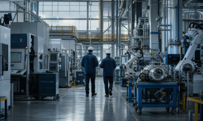 Profesionales inspeccionan maquinaria y sistemas automatizados en una planta industrial moderna